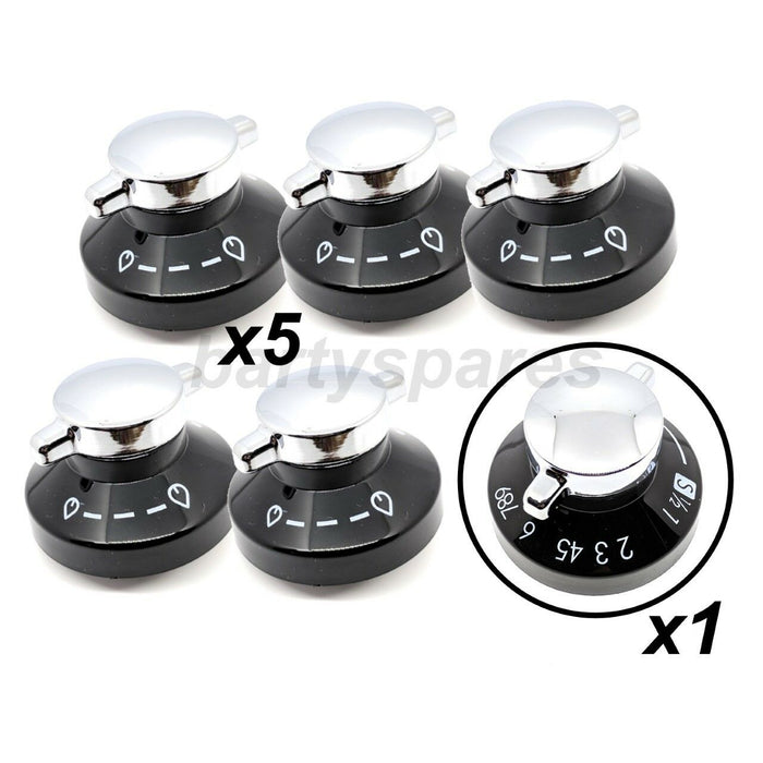 6 x STOVES / NEW WORLD Gas Oven Flame Control Knob Hob Cooker Switch Silver Black