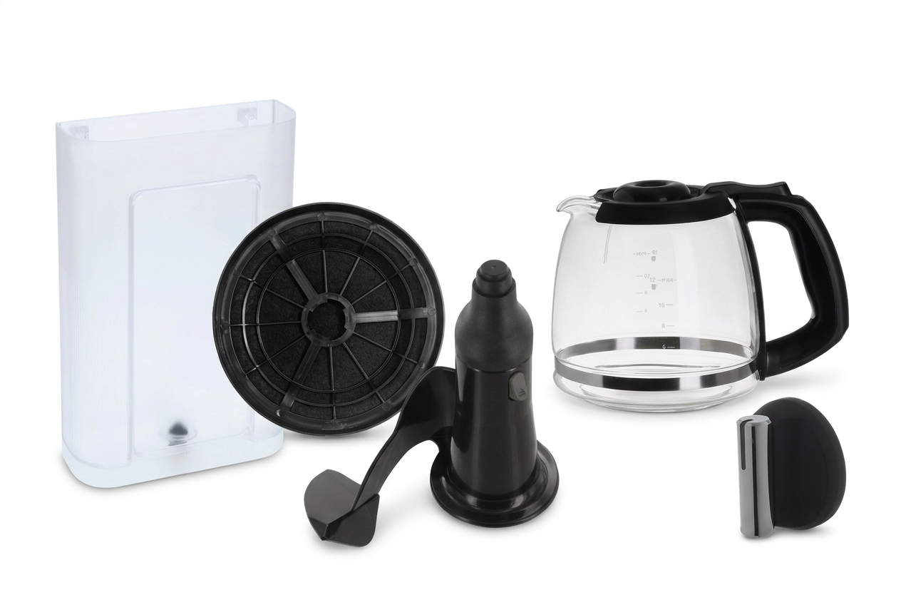 Mixed appliance spare parts including an oven knob, hood filter, ActiFry paddle, coffee water tank and carafe, composed from Bartyspares product photos