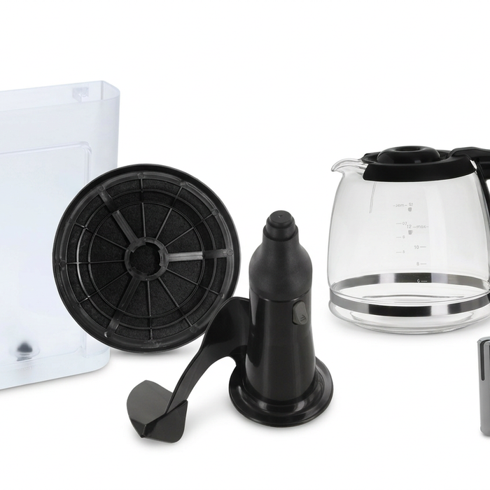Mixed appliance spare parts including an oven knob, hood filter, ActiFry paddle, coffee water tank and carafe, composed from Bartyspares product photos