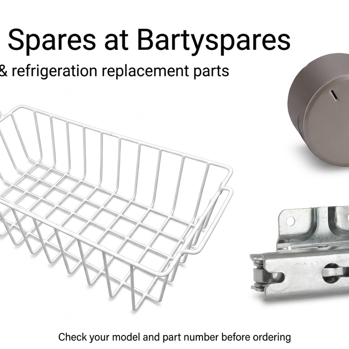 Beko spare parts at Bartyspares: silver cooker control knob, chest-freezer wire basket and fridge-freezer door hinge shown separately.