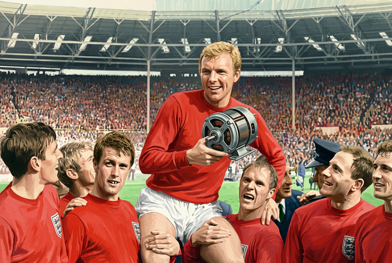 AI-generated vintage illustration of Bobby Moore holding a vacuum cleaner motor