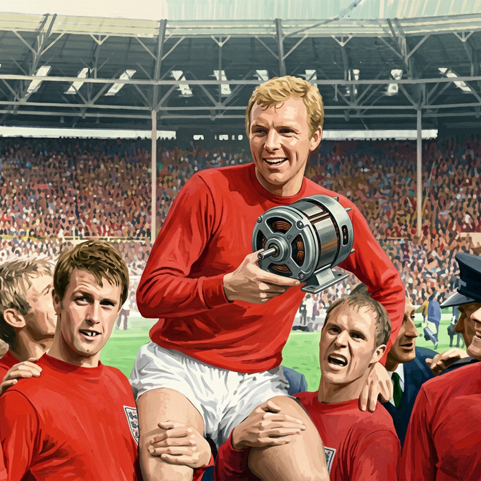 AI-generated vintage illustration of Bobby Moore holding a vacuum cleaner motor