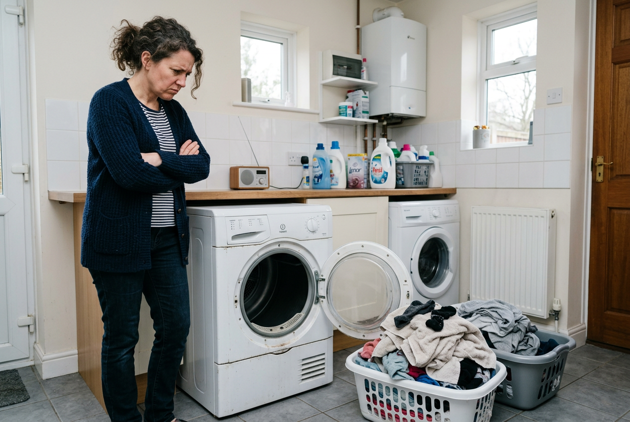 AI-generated image of a frustrated woman beside a broken tumble dryer