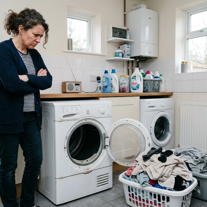 AI-generated image of a frustrated woman beside a broken tumble dryer