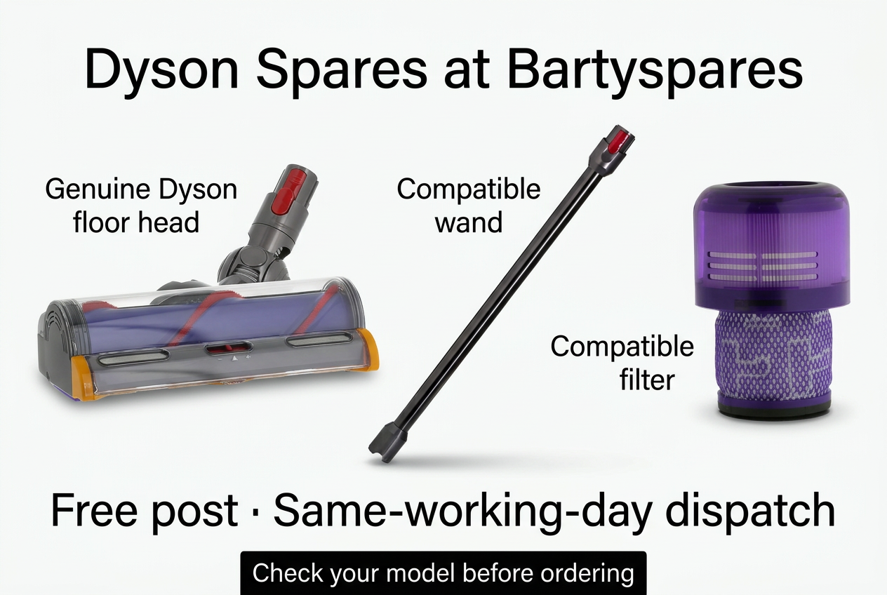 Dyson spares at Bartyspares: genuine floor head, compatible filter and compatible wand shown separately, with free post and same-working-day dispatch.