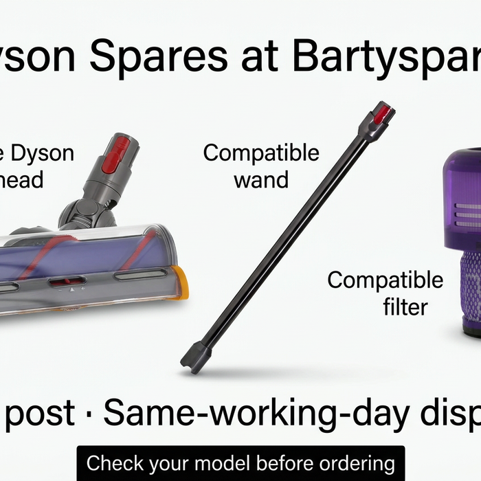 Dyson spares at Bartyspares: genuine floor head, compatible filter and compatible wand shown separately, with free post and same-working-day dispatch.