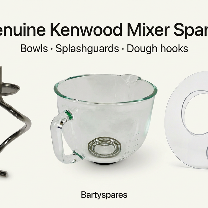 Genuine Kenwood mixer spares: glass mixing bowl, transparent splashguard and spiral dough hook, shown separately.