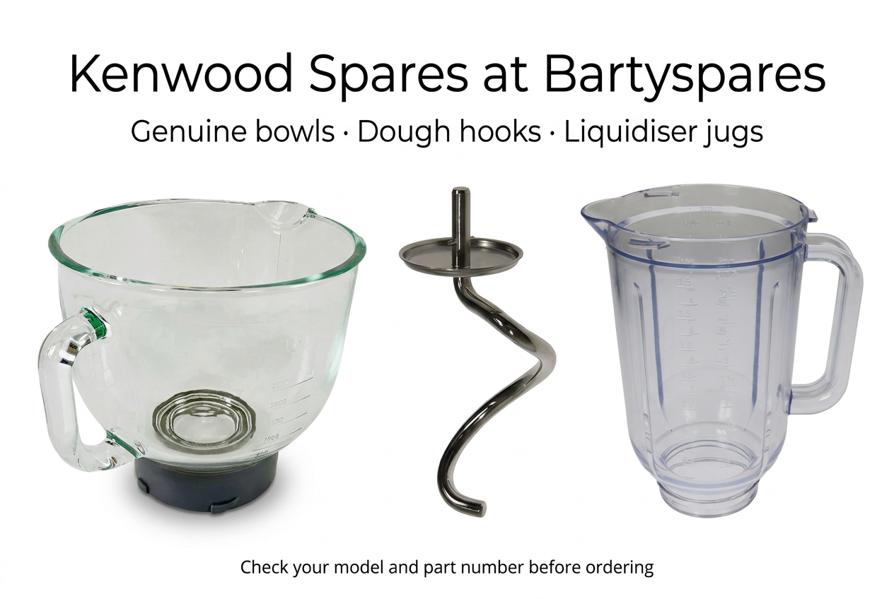 Genuine Kenwood spare parts at Bartyspares: kMix glass bowl, Chef XL spiral dough hook and acrylic liquidiser jug shown separately.