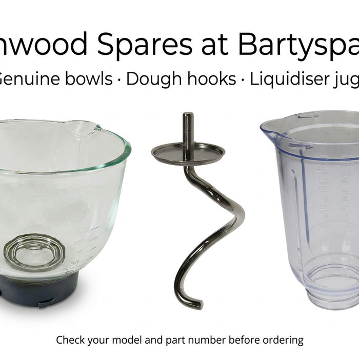 Genuine Kenwood spare parts at Bartyspares: kMix glass bowl, Chef XL spiral dough hook and acrylic liquidiser jug shown separately.