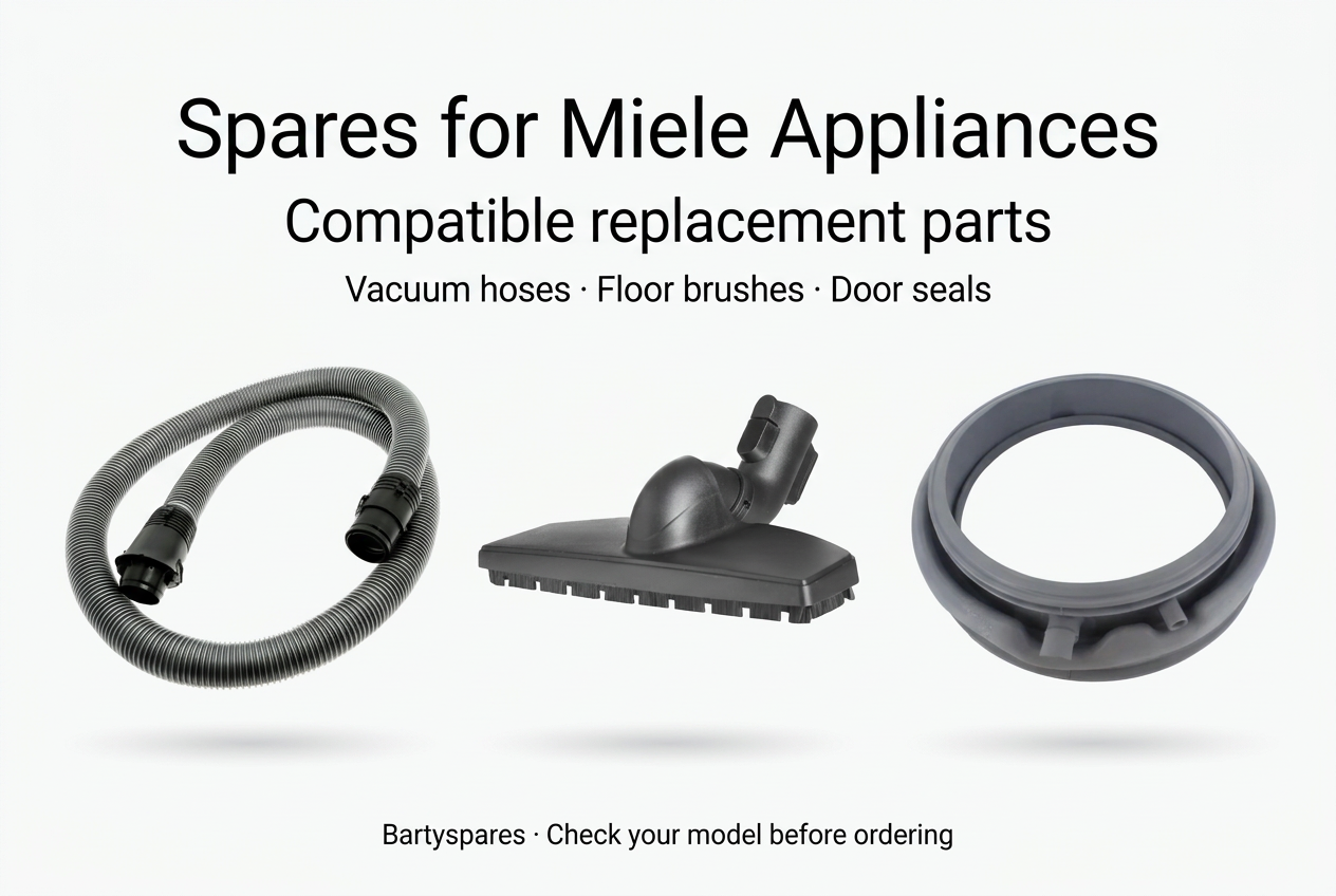 Compatible replacement spares for Miele appliances: vacuum hose, hard-floor brush and washing-machine door seal shown separately.