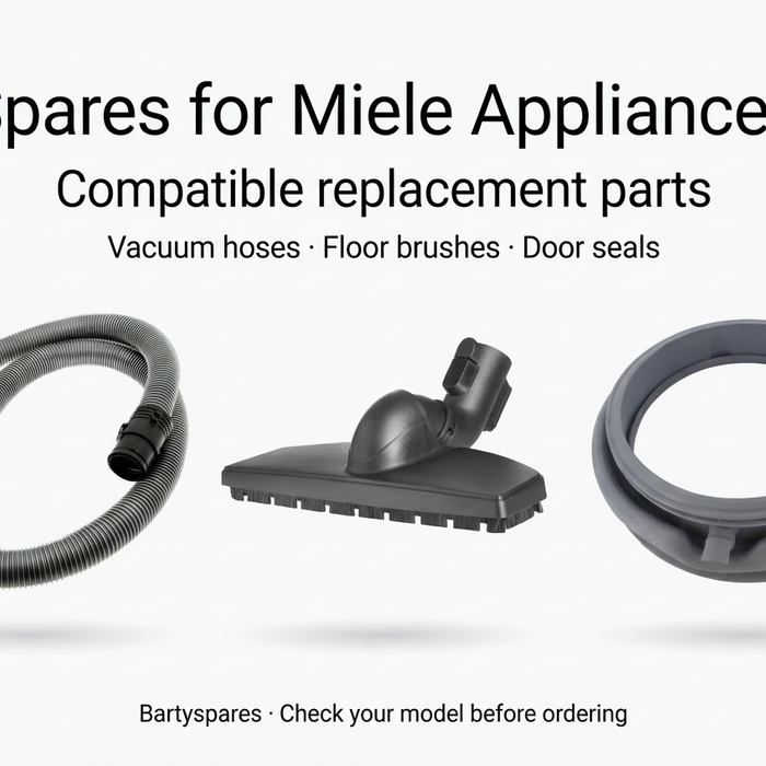Compatible replacement spares for Miele appliances: vacuum hose, hard-floor brush and washing-machine door seal shown separately.