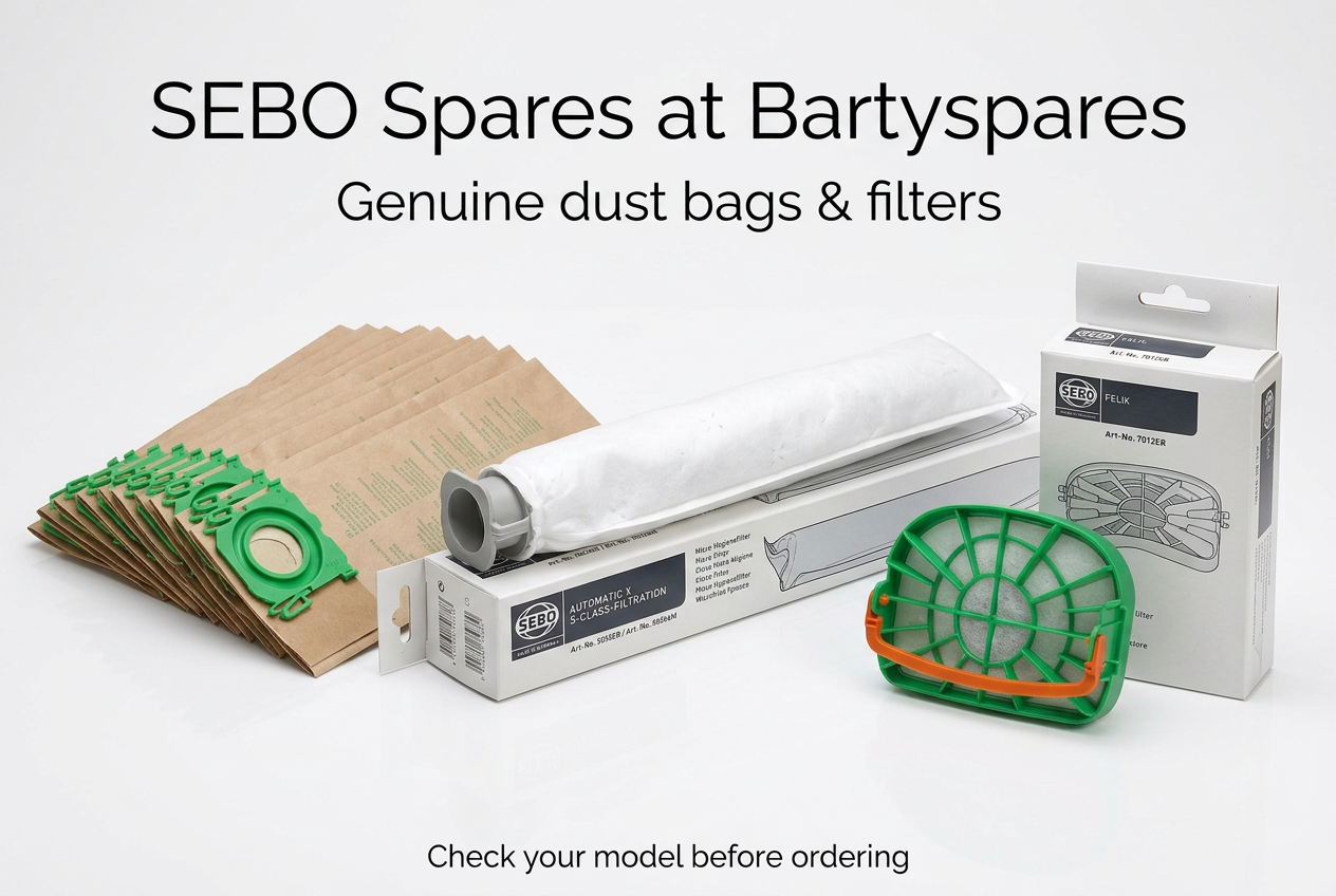 Genuine SEBO dust bags, micro hygiene filter and motor protection filter shown separately as part of the Bartyspares range.