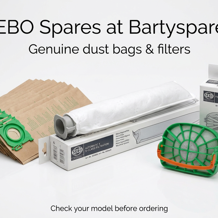 Genuine SEBO dust bags, micro hygiene filter and motor protection filter shown separately as part of the Bartyspares range.
