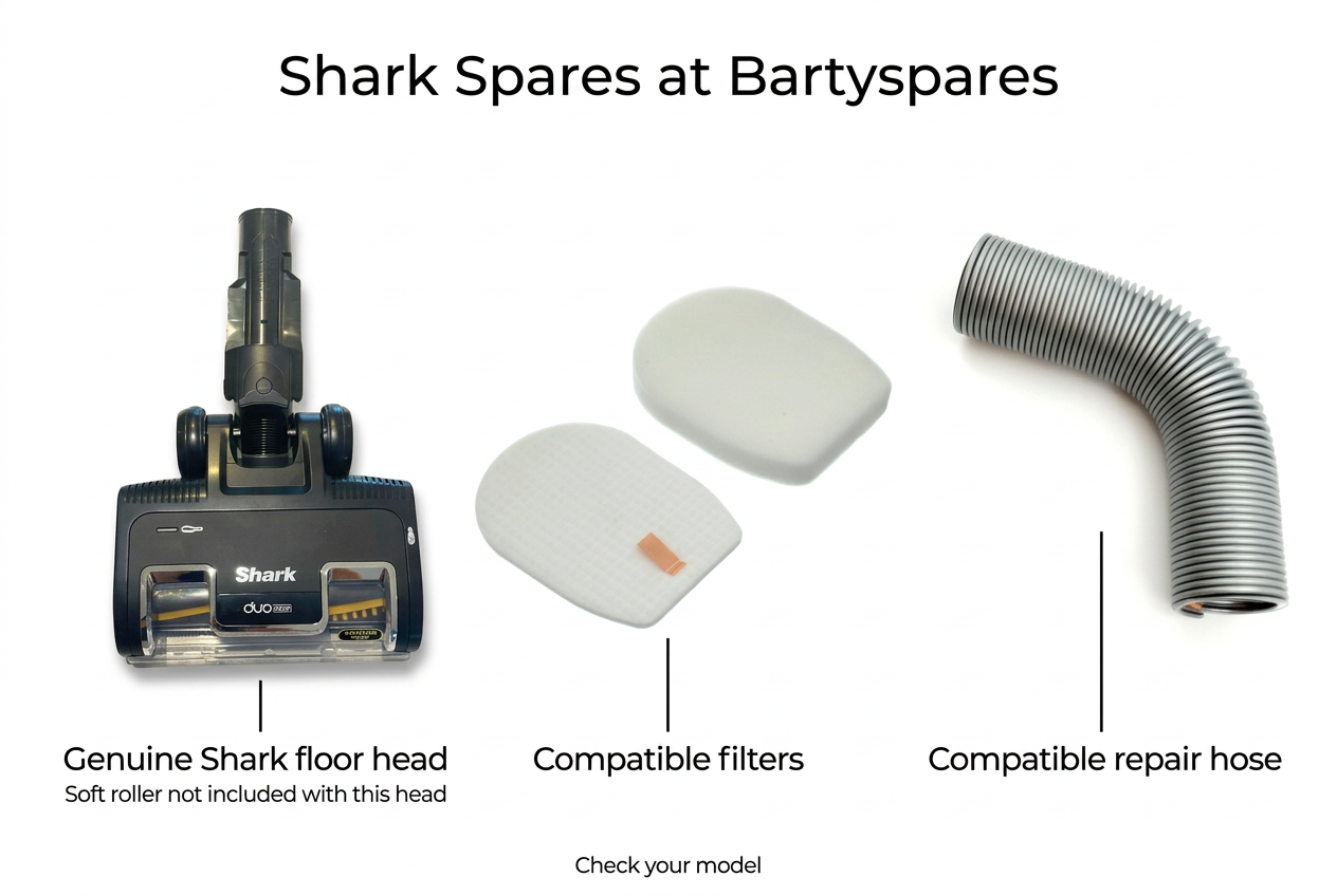 Shark spares at Bartyspares: genuine floor head, compatible foam and felt filters, and compatible repair hose shown separately.