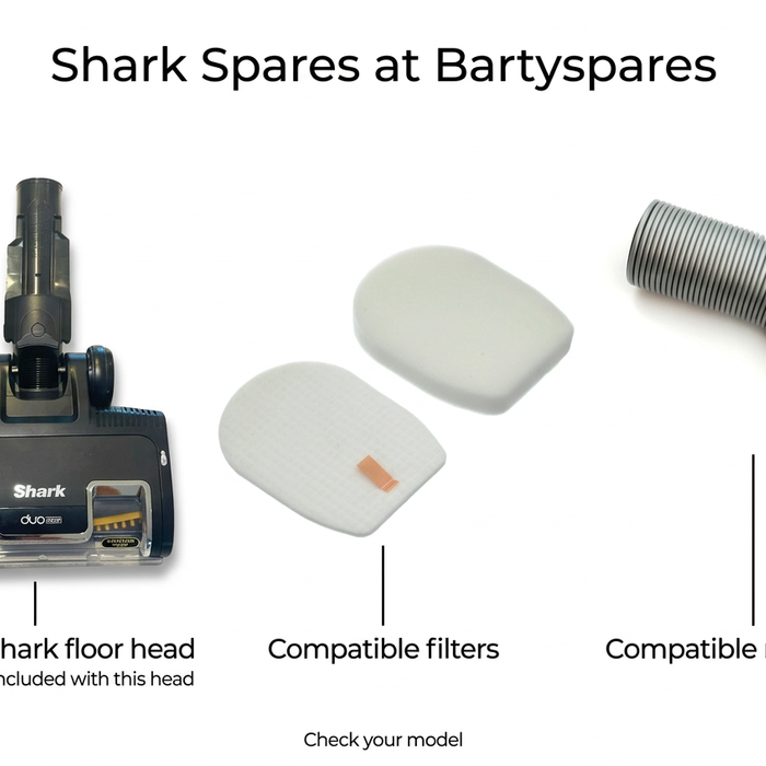 Shark spares at Bartyspares: genuine floor head, compatible foam and felt filters, and compatible repair hose shown separately.