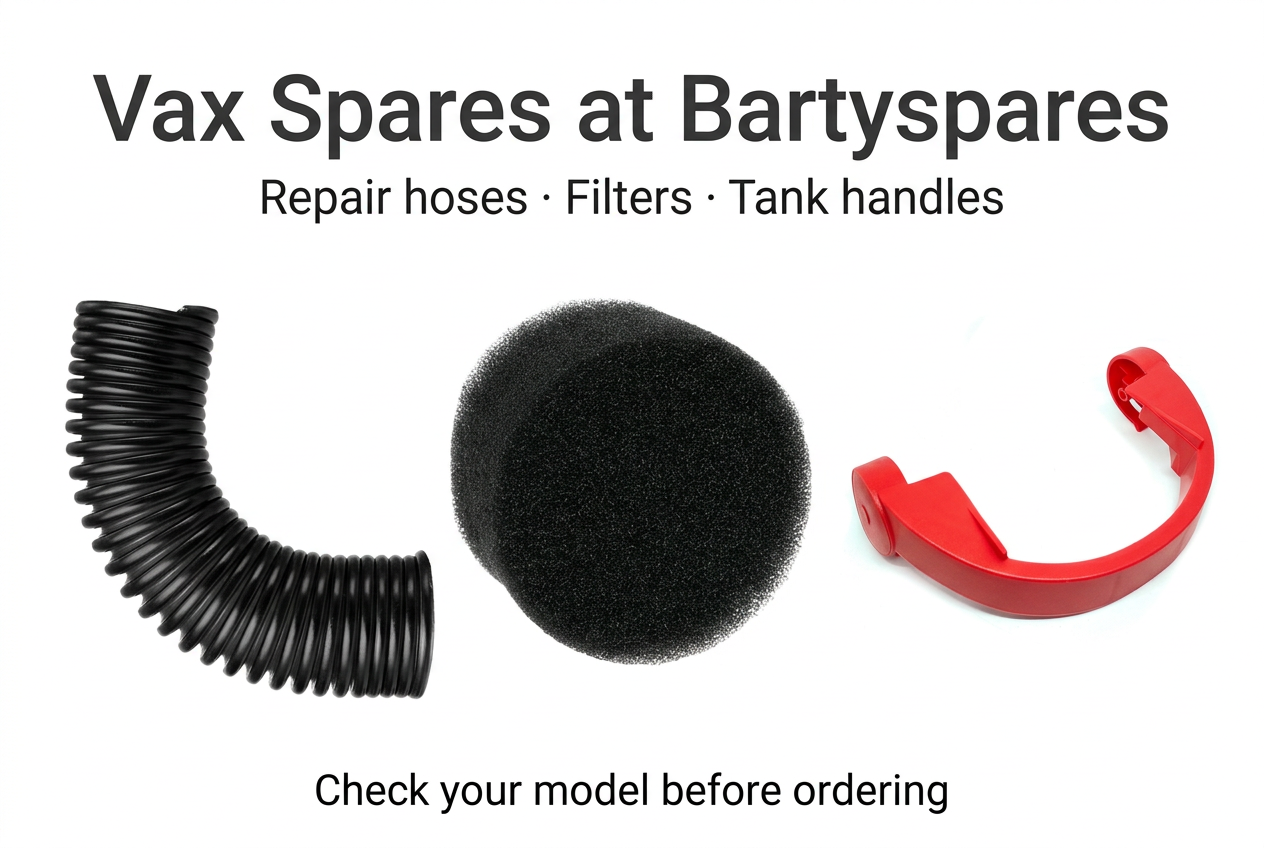 Spares for Vax appliances at Bartyspares: black floor-head repair hose, round foam filter and red clean-water tank handle shown separately.