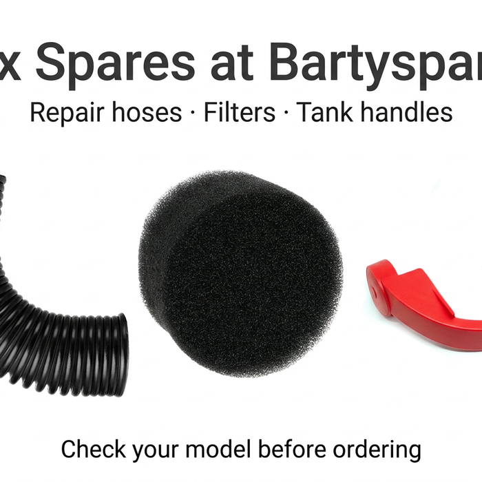 Spares for Vax appliances at Bartyspares: black floor-head repair hose, round foam filter and red clean-water tank handle shown separately.