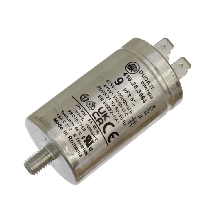 Genuine Ducatti Tumble Dryer Capacitor 9µF 4-Tag & Stud | 35mm x 60mm | Hoover Candy Hotpoint Indesit Bosch Beko Electrolux Zanussi