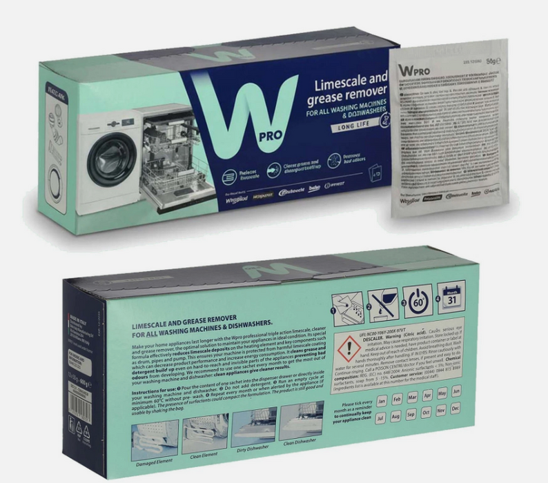 Genuine Original Wpro 'DES121' Universal Washing Machine and Dishwasher Limescale and Grease Remover (Pack of 12 x 50g)
