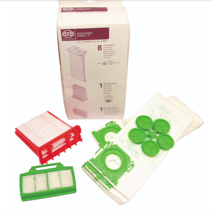 Genuine Sebo Airbelt K Service Box | Part 6695ER | 8 Dust Bags + Microfilter + Exhaust Filter | K1 K3 Series