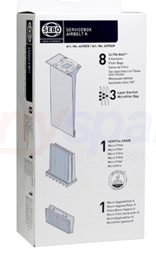 Genuine Sebo Airbelt K Service Box | Part 6695ER | 8 Dust Bags + Microfilter + Exhaust Filter | K1 K3 Series
