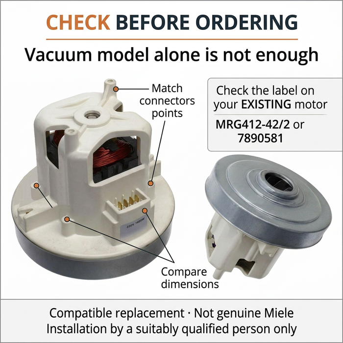 Motor fitting checklist: check existing motor code MRG412-42/2 or 7890581 and compare connectors, mounting points and dimensions before ordering.