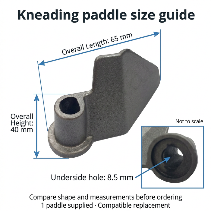 Breadmaker kneading paddle size guide showing 65mm length, 40mm height and 8.5mm underside opening; compare shape and measurements before ordering.