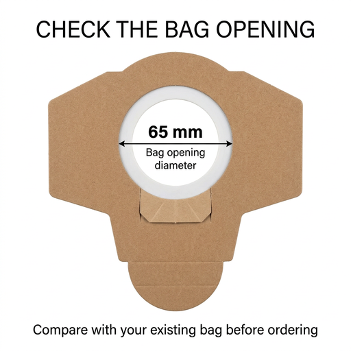 Vacuum dust bag collar showing the 65mm inner opening diameter; compare with your existing bag before ordering.