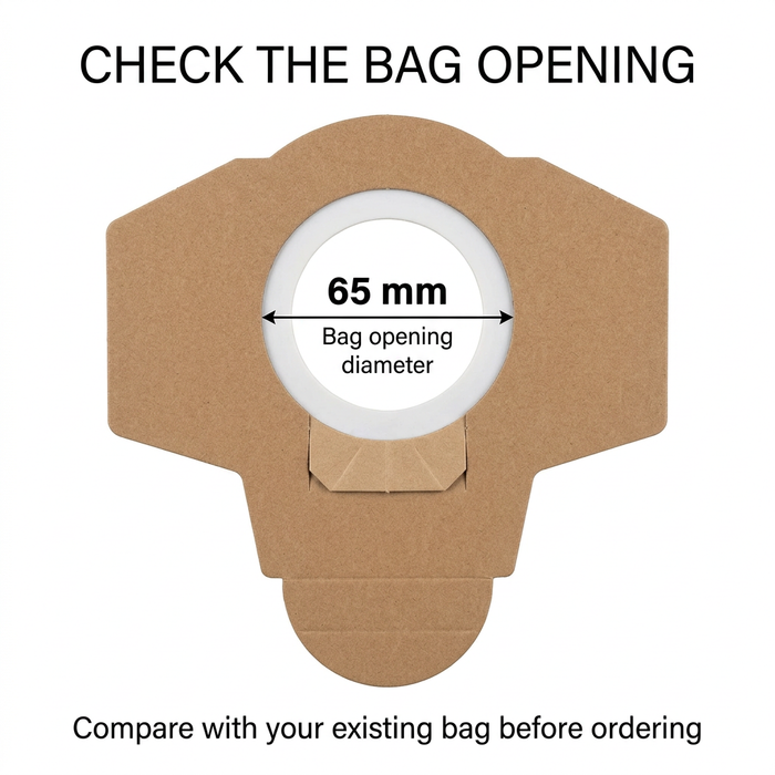 Vacuum dust bag collar showing the 65mm inner opening diameter; compare with your existing bag before ordering.