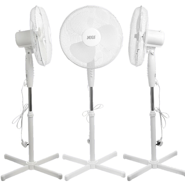 Jegs 16 Inch Floor Standing 45W Oscillating Pedestal Fan 3 Speed Air Cool White