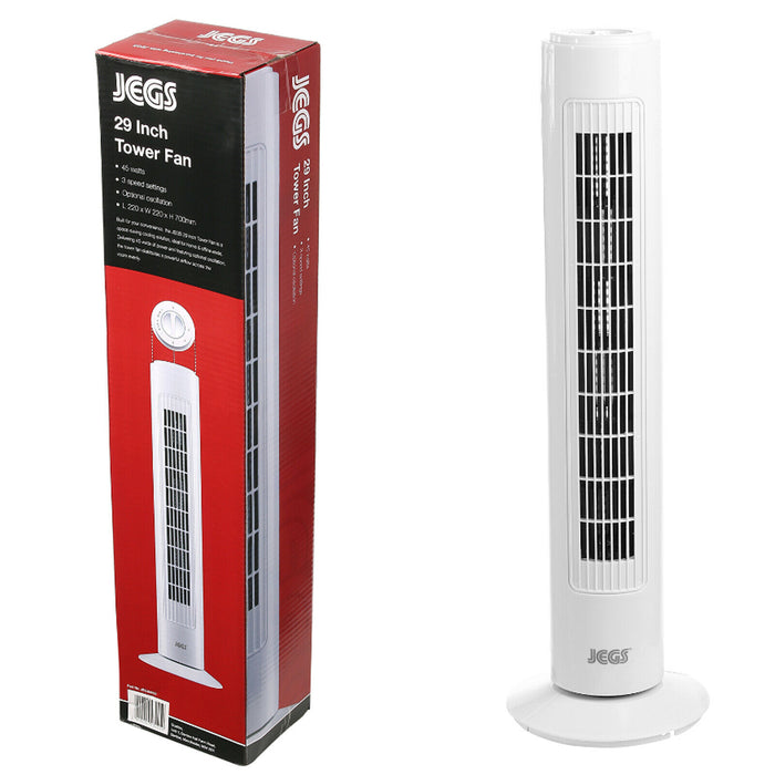 Jegs 29" Oscillating Tower Fan 45W Slimline 3 Speed Cooling Free Standing Timer