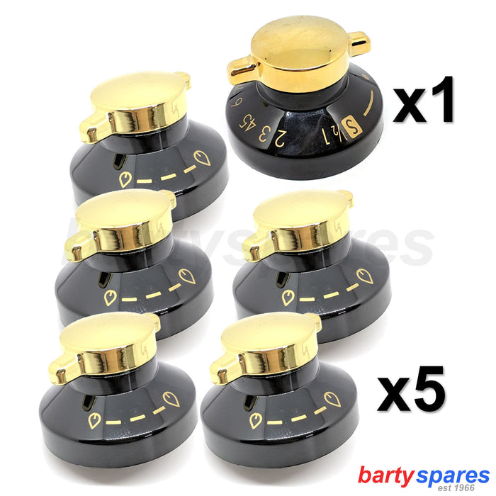6 DIPLOMAT GOLD Black main Oven Knob Gas Cooker Hob Flame Control Switch Knobs