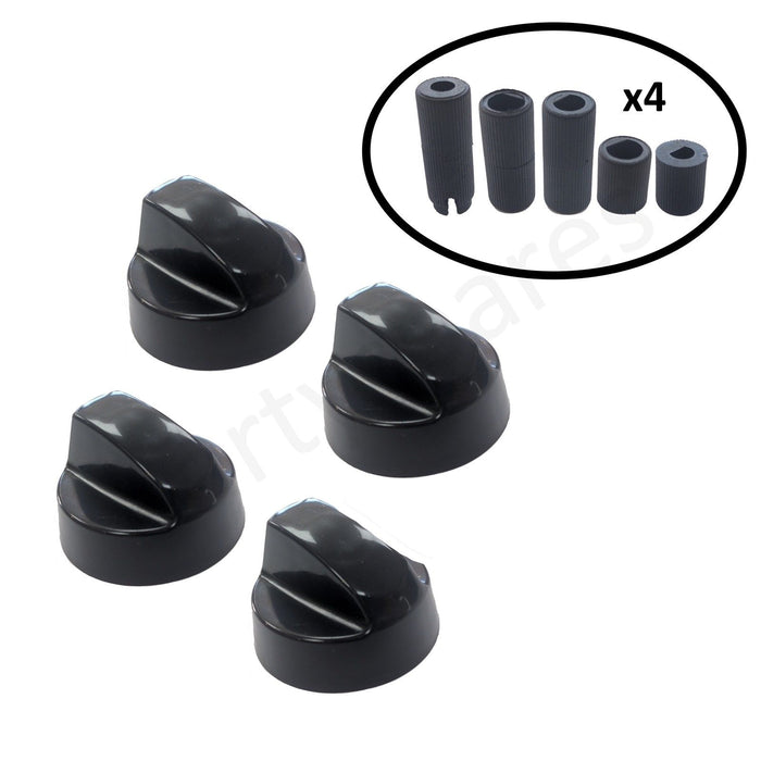 4 x Control Knobs Black Knob Dials Switches & Adaptor Kit for BBQ Grill Barbecue